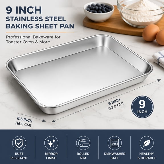 9 Inch Stainless Steel Baking Sheet Pan, Durable Cookie Sheet Toaster Oven Tray, Professional Bakeware with Rolled Rim, Mirror Finish, Rust Resistant & Dishwasher Safe