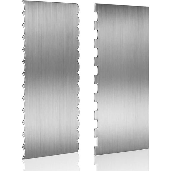 9 Inch Stainless Steel Cake Scraper, Cake Decorating Tools Sided Patterned Edge Stripe Smoother Frosting Scraper Decorating Comb for Mousse Butter Cream Tall Cake Pastry Decoration (SC-1+SC-2)