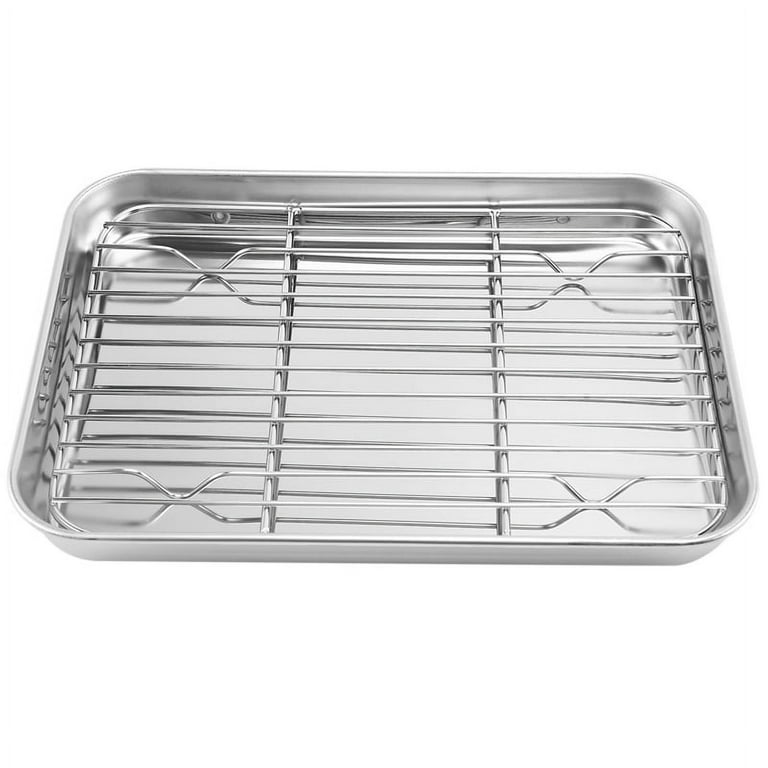 9 inch Toaster Oven Tray and Rack Set, Small Stainless Steel Baking Pan with Cooling Rack,Dishwasher Safe Baking Sheet, Silver