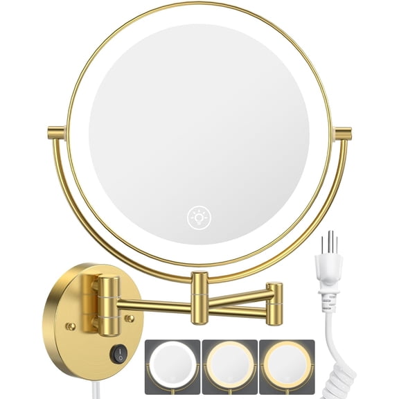 9 Inch Wall Mounted Lighted Makeup Mirror with 1X and 10X Magnification, 3 Color Lights, Touch Dimmable, Extended Arm and 360    Rotation, Gold