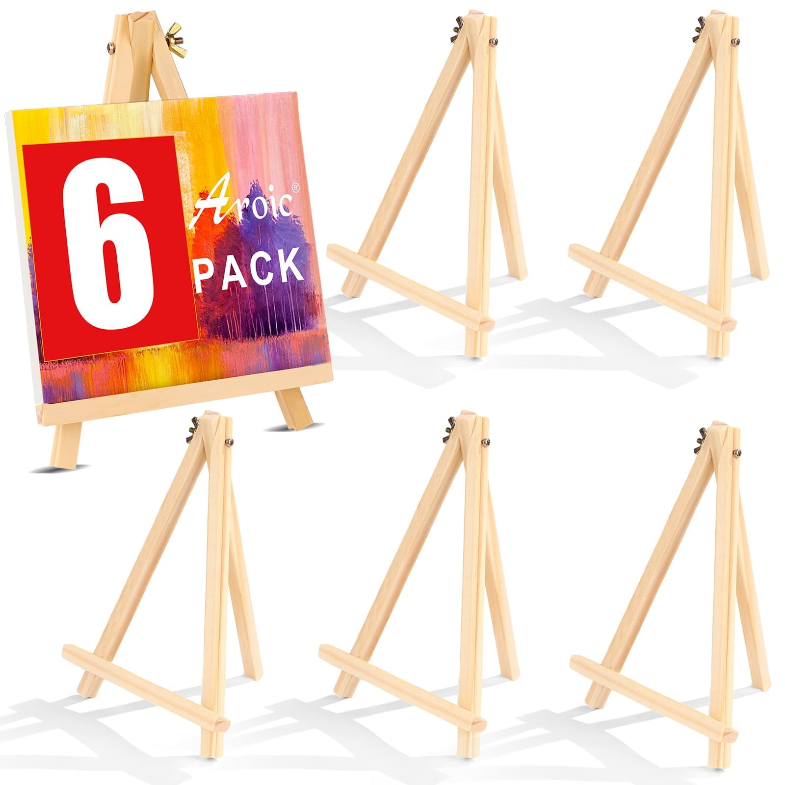 9 Inch Wooden Easel Stand - 6 Pack Mini Display Easels for Painting, Natural Wood,Lightweight & Sturdy for Artists, Crafters, Retail Displays，Signs, Photos, Artwork, Tabletop Decor
