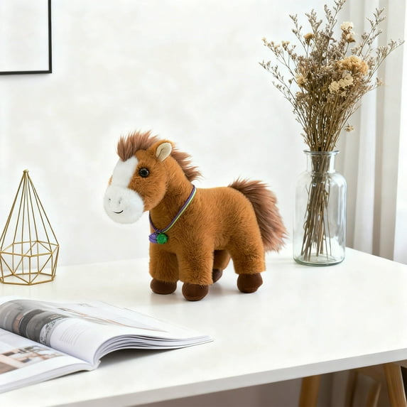 9-Inch Year of the Horse Plush Toy - Realistic Brown & White Stuffed Animal Horse, Soft Cloth Doll for Chinese Zodiac, Event & Birthday Gift Brown
