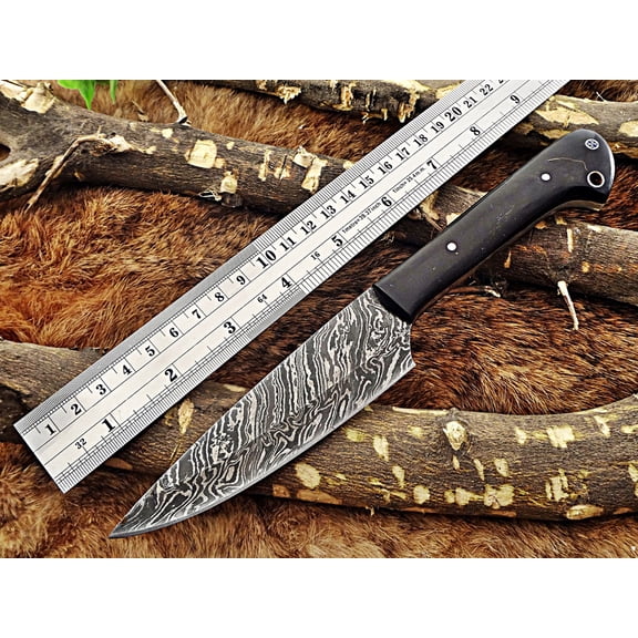9 Inches long custom made Damascus steel hand forged Paring Knife, kitchen knife 4" full tang blade, Natural Buffalo Horn scale inserting hole