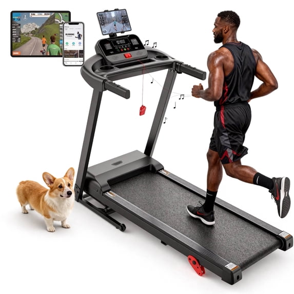 9% Incline Treadmill with Handle, 3.0HP Portable Folding Treadmills for Home/Office, 300 Lbs Capacity, 71 Programs, Free Courses&APP Control, LED Display,7.5MPH, Running Walking Jogging,