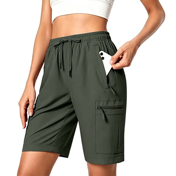9" Inseam Hiking Cargo Shorts Womens Lightweight Quick Dry Athletic Shorts Pull on Camping Travel Golf Bermuda Shorts with Zipper Pockets Army Green XL
