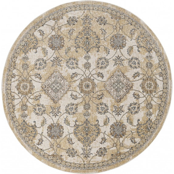 9' Ivory Sand Machine Woven Bordered Floral Vines Round Indoor Area Rug