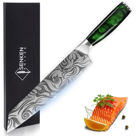 9" Japanese Kiritsuke Knife with Emerald Green Resin Handles - Engraved Japanese Chef Knife for Home Kitchen & Professionals, Razor Sharp High Carbon Stainless Steel Blades