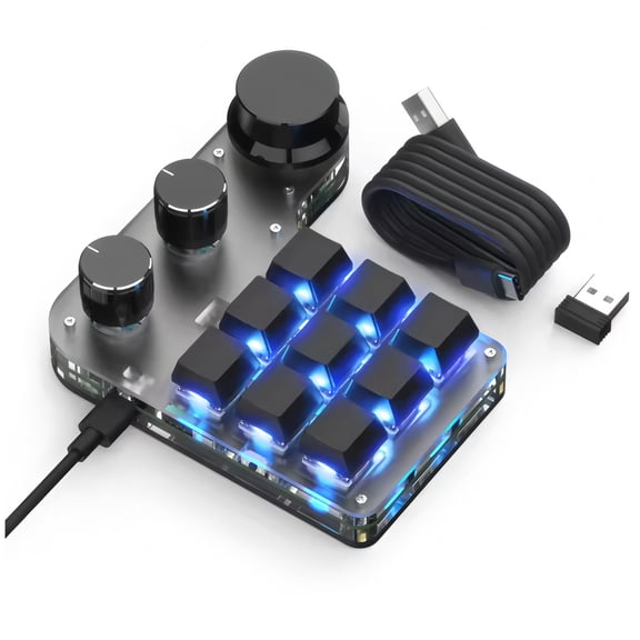 9-Key USB Macro Pad with 3 Knobs, Programmable Mechanical Gaming Keyboard for OSU, One-Handed Shortcut Controller for Desktop Laptop