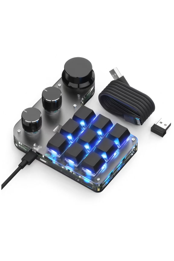 9-Key USB Macro Pad with 3 Knobs, Programmable Mechanical Gaming Keyboard for OSU, One-Handed Shortcut Controller for Desktop Laptop