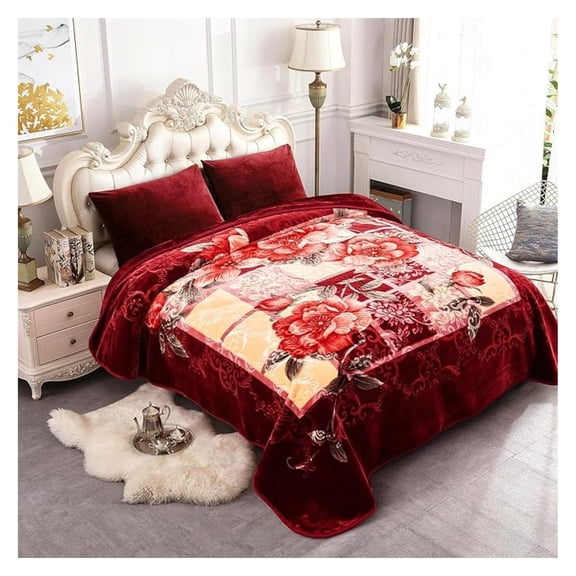 9 LB Flannel Fleece Blanket King Size 85" x 95", Single Ply Thick Blanket for The Cold, Warm Bed Blanket, Embossed Raschel Microfiber Bed Blanket for Autumn Winter, Burgundy Red/Flower