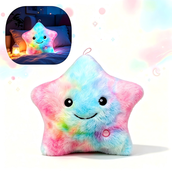 LED Star Plush Pillow, Color-Changing Glow Night Light with Soft Fabric & Auto-Off, Pink, 9 Inch