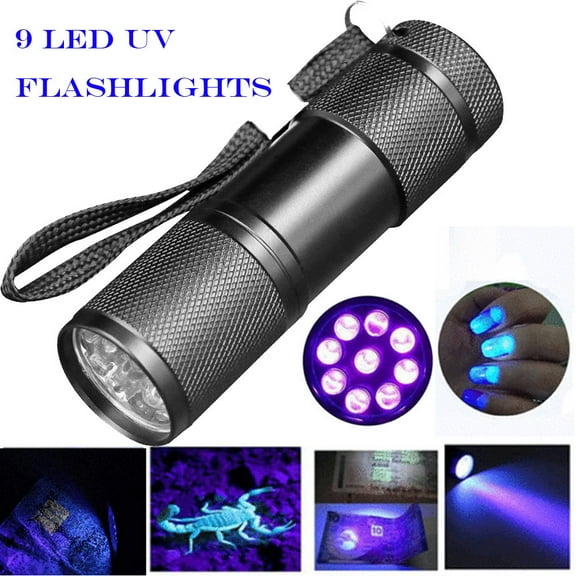 9 LED UV Blacklight Flashlight with Aluminum Body for Stain Detection and Counterfeit Verification Black