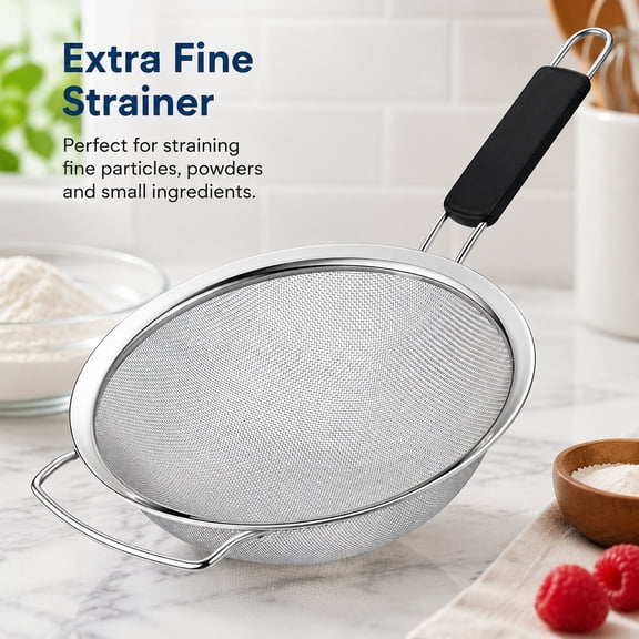 9" Large Extra Fine Mesh Strainer with Thermoplastic Rubber Handle - Stainless Steel Sieve for Pasta, Quinoa, Rice, and Baking Ingredients