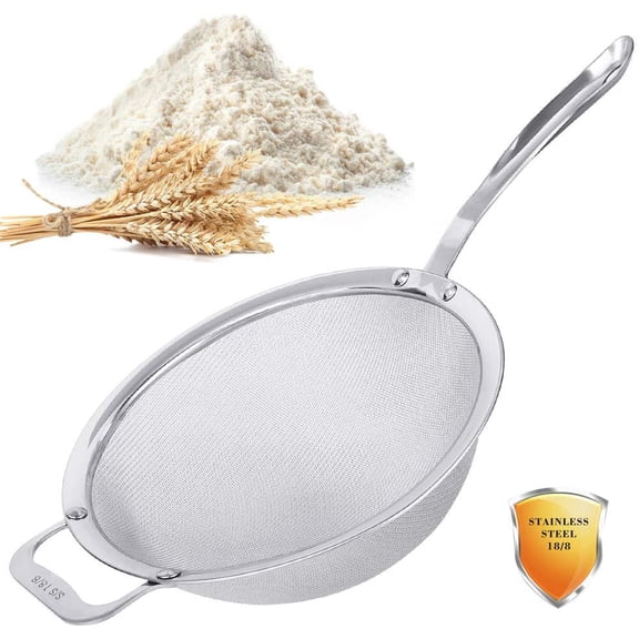 9" Large Mesh Strainer, Stainless Steel 18/8 Extra Fine Quinoa Sieve, with Solid Sturdy Handle, Flour Filter with Wider Hook