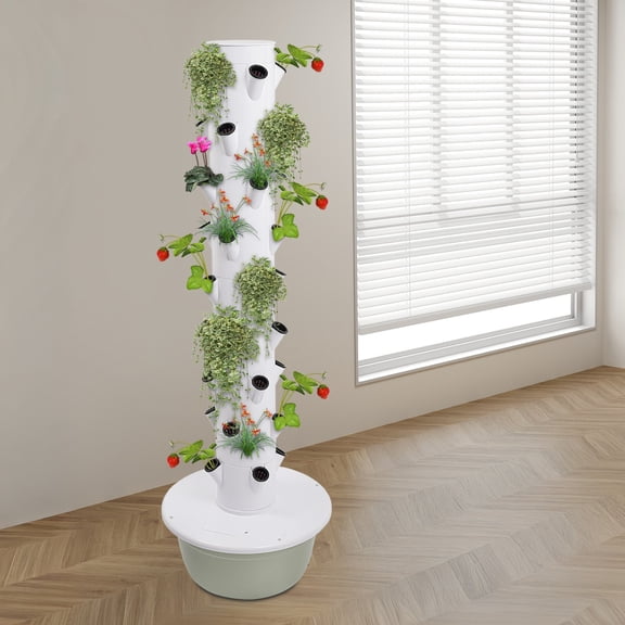 9-Layer Hydroponic System, 36 Holes White Tower Garden with Water Tank, Indoor Vertical Growing Kit for Vegetables, Herbs, Salad, Home Hydroponics Gardening Setup