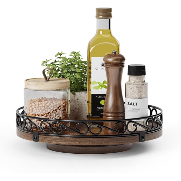 9" Lazy Susan Turntable Organizer for Table Top, Round Wooden Lazy Susan for Cabinet, Farmhouse Decorative Tray for Coffee Table, Kitchen Organizer Countertop, Center Piece Decor, Rustic Brown