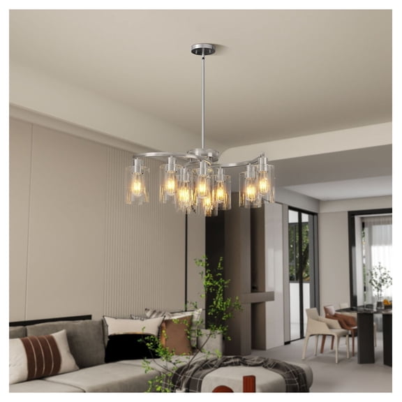 9-Light Brushed Nickel Chandelier, Industrial Dining Room Light Fixture - Adjustable Height, Modern Farmhouse Kitchen Island Chandelier for Living Room & Bedroom