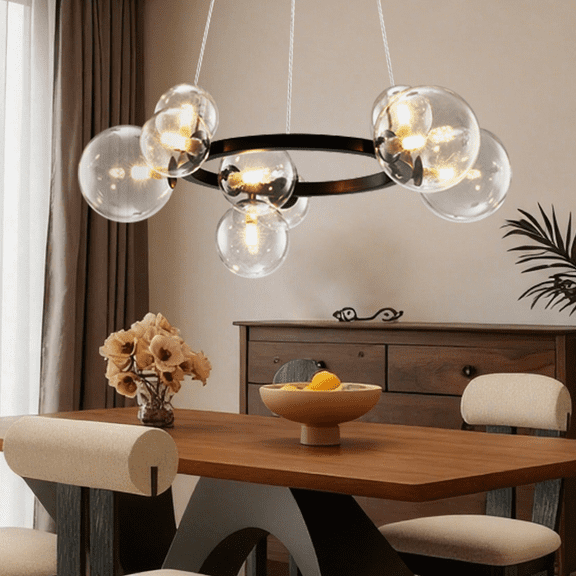 9-Light Circular Globe Pendant Light (Black Metal Frame & Clear Glass Shades) - Adjustable Cord, Includes G9 Bulbs