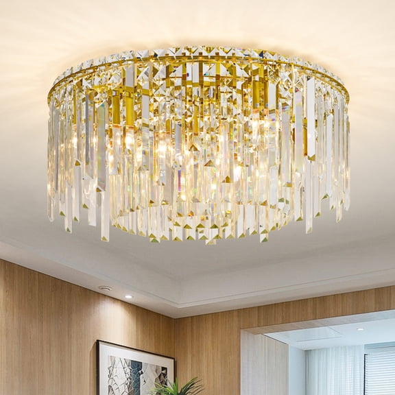 9-Light Gold Crystal Flush Mount Ceiling Light, 3-Tier Crystal Modern Chandelier, Round Luxury Light Fixture for Dining Room, Bedroom, Hallway, Kitchen Island, Living Room