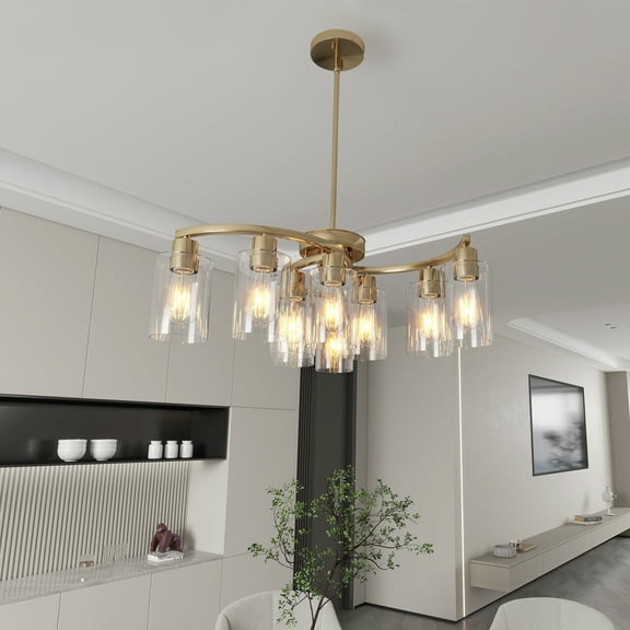 9-Light Gold Glass Chandelier, Adjustable Height Dining Room Light Fixtures Over Table, Contemporary Hanging Chandelier for Kitchen Island, Living Room, Foyer, Office, Clear Glass Shade