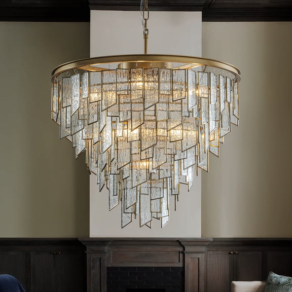 9-Light Luxury Water Ripple Glass Chandelier Pendant Light Modern Brass Frame Lighting Fixture for Dining Room Living Room and Kitchen Island