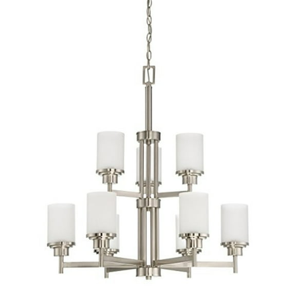 F17029-80-Sunset Lighting-Somes - 9 Light 2-Tier Chandelier   Bright Satin Nickel Finish with Linen Glass