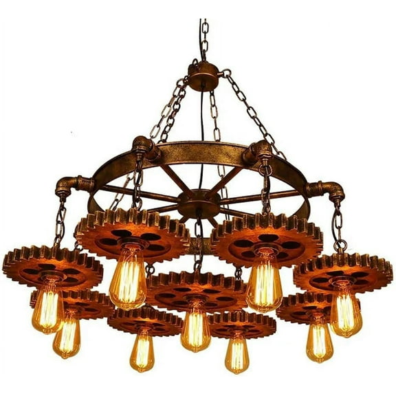 9 Lights Farmhouse Rustic Gear Shape Chandelier Industrial Hanging Pendant Light Fixture Retro Loft Metal Steampunk Iron Chain Large Pendant Light Fixture