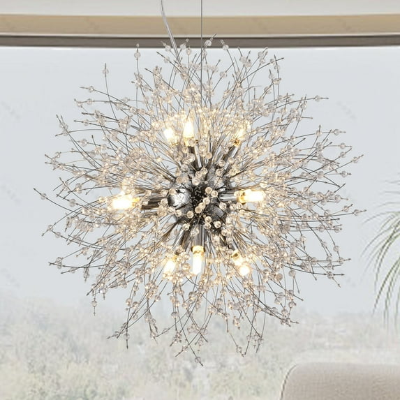 9-Lights Modern Farmhouse Chandelier Lighting, Sputnik Dandelion Ceiling Hanging Lamp, Round Crystal Beaded Pendant Lights for Kitchen Island Dining Room Bedroom Foyer