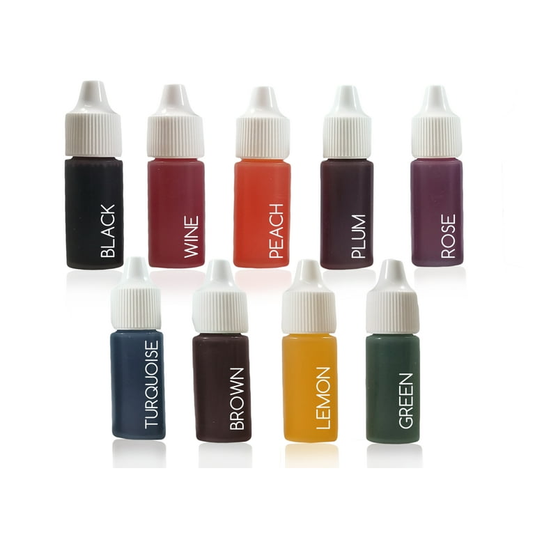 9 Liquid Dye Colorant Set for Soap Coloring, Bath Bomb Making - Plum, Brown, Lemon, Black, Rose, Peach, Turquoise, Wine, and Green (10 ml Each Color)