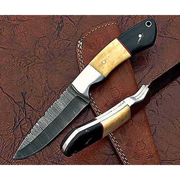 9" Long Drop Point Blade Skinning Knife, Hand Forged Ladder Pattern Damascus Steel Full Tang Blade, Camel Bone and Bull Horn Scale with Steel Bolster, Cow Leather Sheath