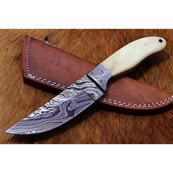 9" Long Skinning Knife, Natural Camel Bone Oval Shape Scale with Damascus Bolster & Inserting Hole, Hand Forged Twist Pattern Damascus Steel Full Tang Blade, Cow Leather Sheath Sheath Included