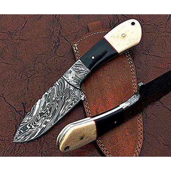 9" Long Spear Point Blade Skinning Knife, Hand Forged Fire Pattern Damascus Steel Full Tang Blade, Camel Bone and Bull Horn Scale with Damascus Bolster, Cow Leather Sheath