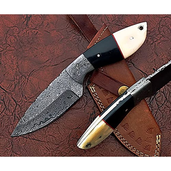 9" Long Spear Point Blade Skinning Knife, Hand Forged Rain Drop Pattern Damascus Steel Full Tang Blade, Camel Bone and Bull Horn Scale with Damascus Bolster, Cow Leather Sheath