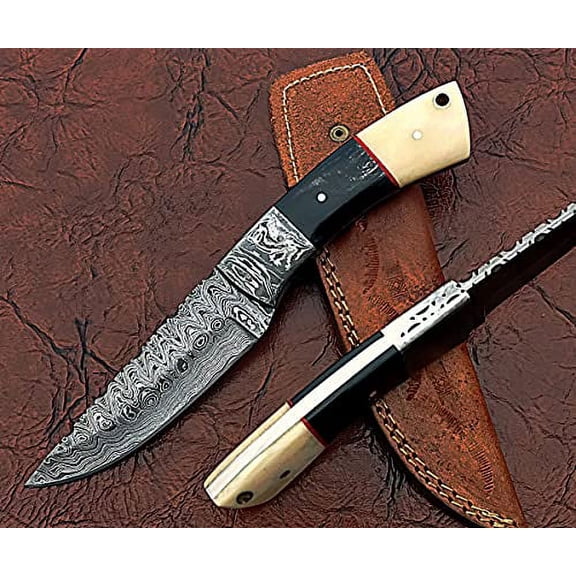 9" Long Straight Back Blade Skinning Knife, Hand Forged rain Drop Pattern Damascus Steel Full Tang Blade, Camel Bone and Bull Horn Scale with Steel Bolster, Cow Leather Sheath