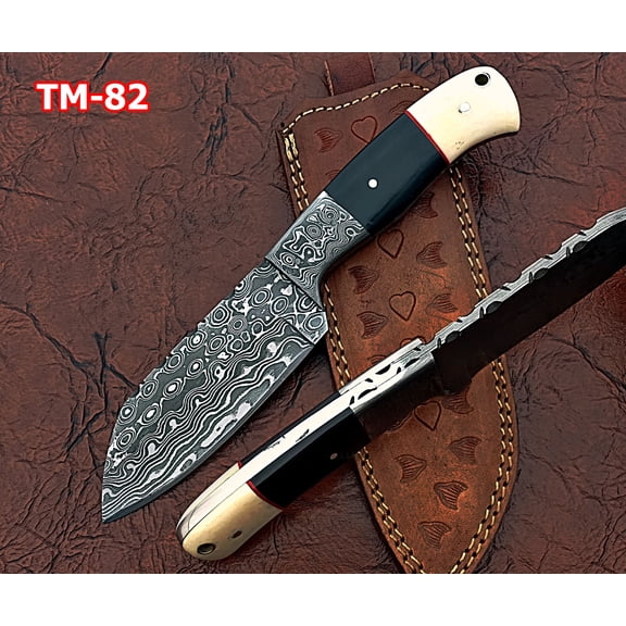 9" Long Trailing Point Blade Skinning Knife, Hand Forged rain Drop Pattern Damascus Steel Full Tang Blade, Natural Camel Bone and Bull Horn Scale with Damascus Bolster, Cow Leather Sheath