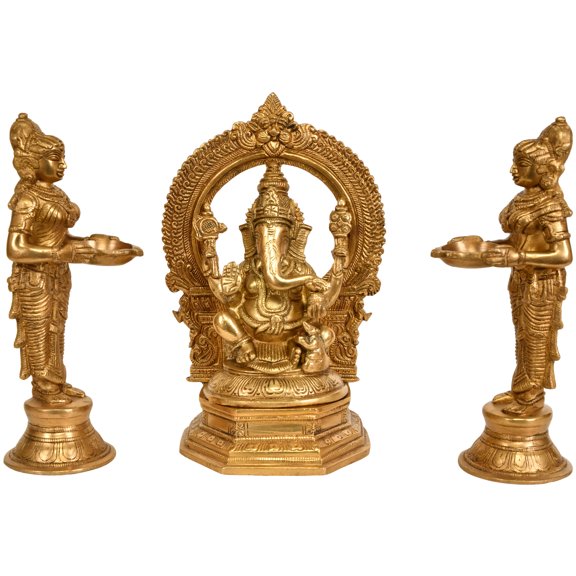 9" Lord Ganesha Worshipped by Lamp Goddesses (Set of Three Statues) In Brass | Handmade | Made In India