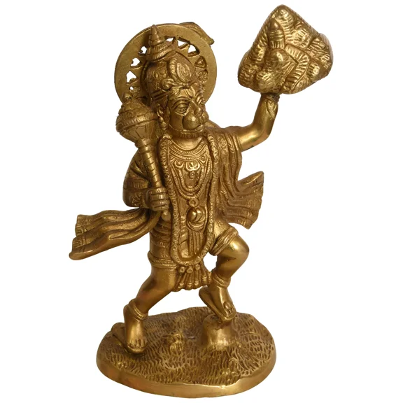 9" Lord Hanuman Lifting Sanjivani Mountain In Brass | Handmade | Made In India