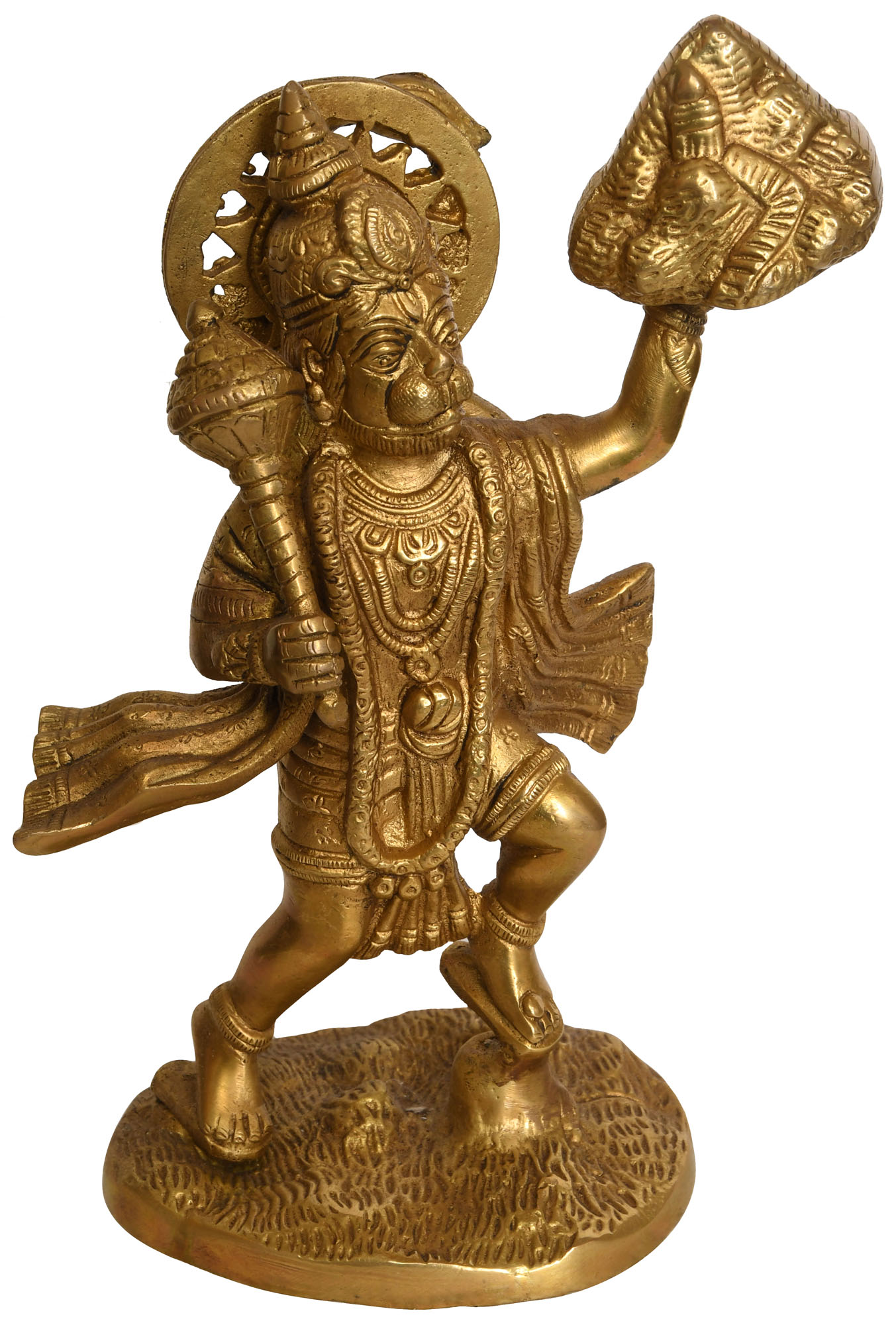 9" Lord Hanuman Lifting Sanjivani Mountain In Brass | Handmade | Made ...