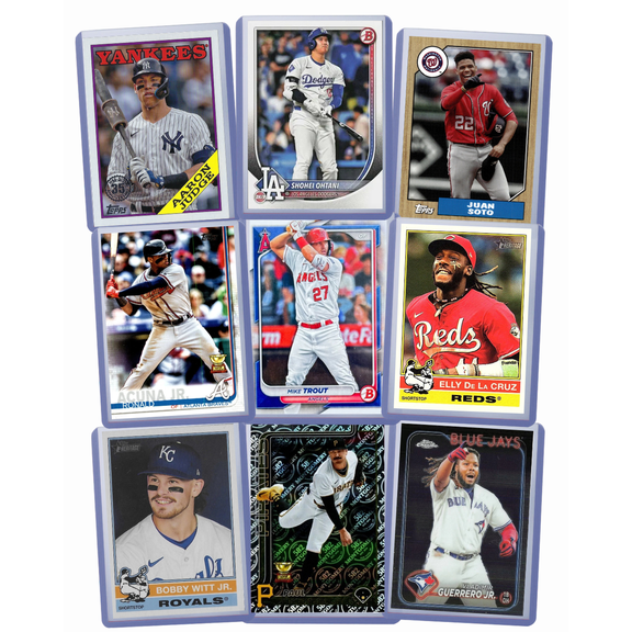 9 MLB Stars Baseball Cards: Shohei Ohtani, Aaron Judge, Elly De La Cruz, Mike Trout, Ronald Acuna Jr., Bobby Witt Jr., Paul Skenes, Juan Soto, Vlad Guerrero Jr. Assorted Card Gift Pack
