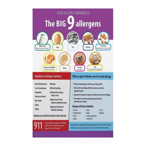 9 Major Food Allergens Chart Poster FDA List Allergy Awareness Mandatory for Restaurants Schools Workplace Kitchen Safety Compliance and Educational Reference