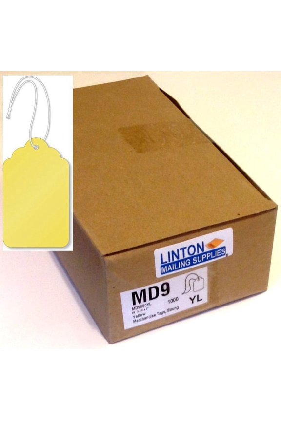 #9 Merchandise Tag (3.25" x 2 / 3-1/4" x 2"), Yellow 12-Pt. Cardstock, Scalloped Top w Hole, 4" Knotted String Attached - Box of 1,000 Tags