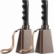 9" Metal Cowbells with Handle - 2 Pack Cow Bells Loud Cheering Noise Makers for Sporting Events, Football Games, School Spirit, Rallies & Celebrations - Copper Steel Percussion Music Instrument
