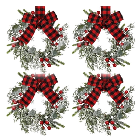 9" Mini Christmas Wreath Artificial Frosted Pine Wreath with Red Berry Buffalo Plaid Bow for Farmhouse Indoor Outdoor Kitchen Cabinet Decor