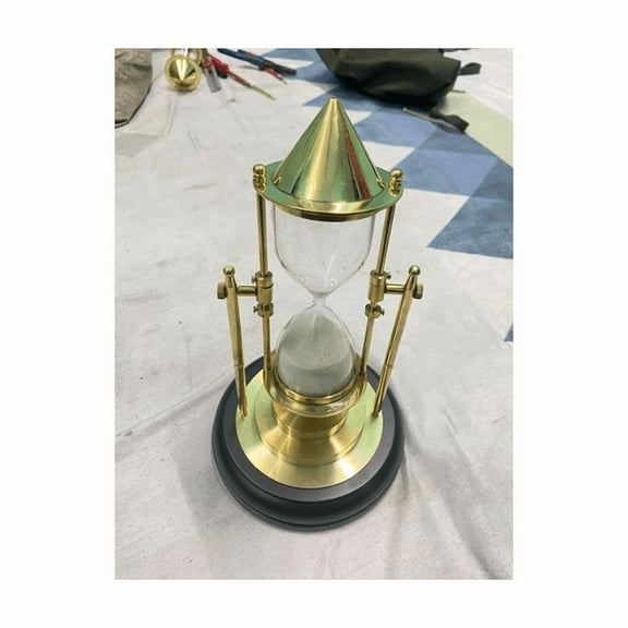 9 Minutes Brass Hanging Hourglass White Sand Timer on Brown Wooden Base Beautiful Antique Decoration Item & Unique Gift