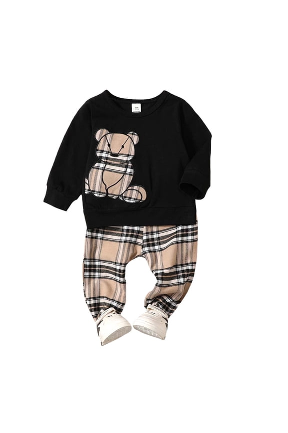 9 Months Baby Boys Clothes 12 Months Boys 2PCS Fall Winter Outfits Set Cute Bear Print Infant Boys Long Sleeve Round Neck Top Pants Set Black