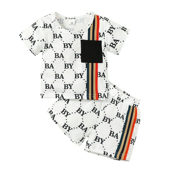 9 Months Baby Boys Summer Clothes 12 Months Boys 2PCS Outfits Set Letter Print Round Neck Infant Boys Short Sleeve Top Shorts Set White