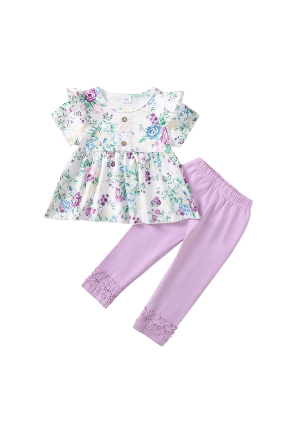 9 Months Baby Girls Clothes 12 Months Girls 2PCS Floral Outfits Set Flower Print Infant Girls Short Sleeve Top Pants Set Purple