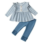 MIOGLRIE 9 Months Baby Girls Clothes 12 Months Girls 2PCS Outfits Set Infant Girls Long Sleeve Stripe Top Pants Set Blue