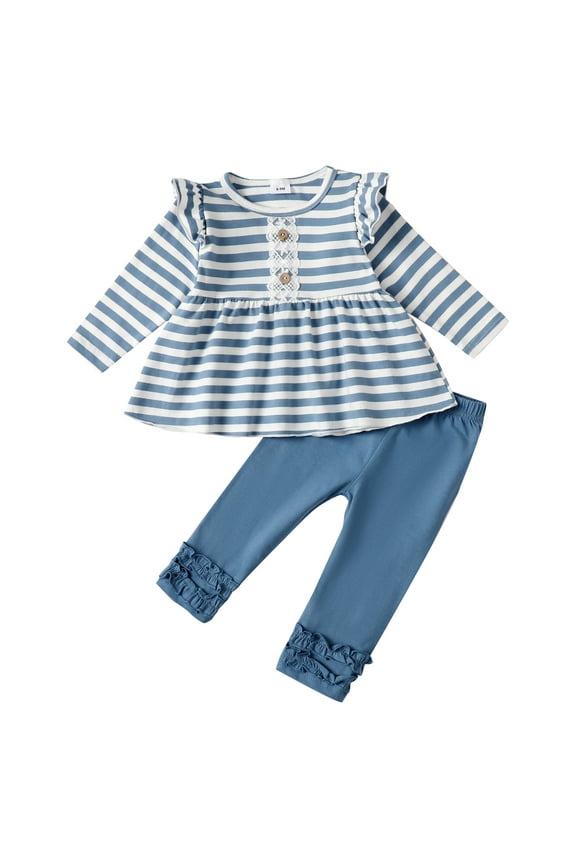 9 Months Baby Girls Clothes 12 Months Girls 2PCS Outfits Set Infant Girls Long Sleeve Stripe Top Pants Set Blue