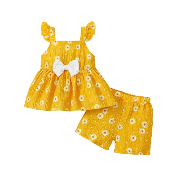 9 Months Baby Girls Clothes 12 Months Girls 2PCS Summer Outfits Set Flower Print Off-the-shoulder Infant Girls Flying Sleeve Top Shorts Set Yellow